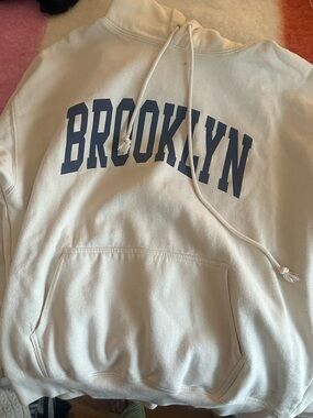 Brandy Melville Cream Hoodie with Navy 'BROOKLYN' Print